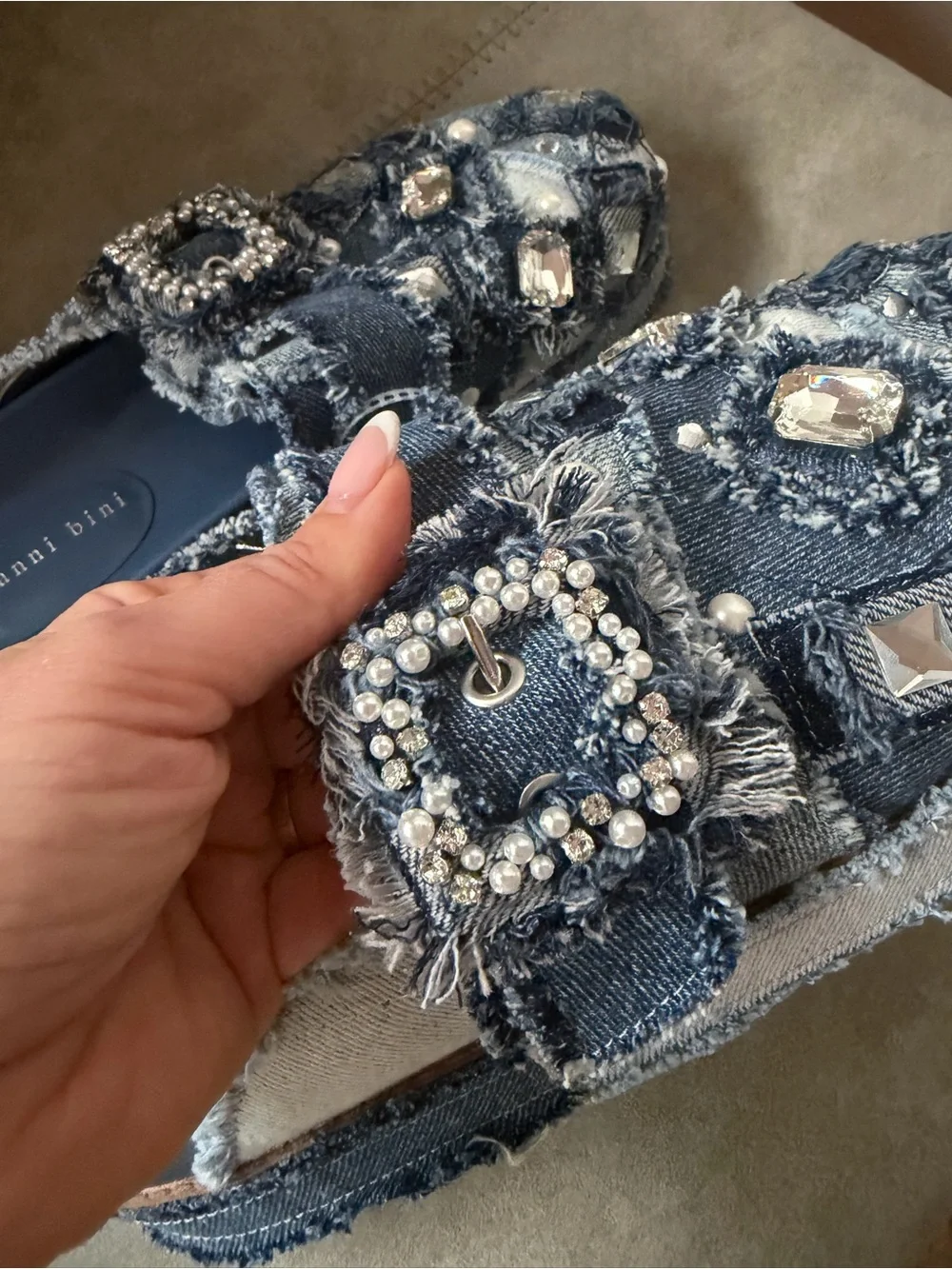 NWT Gianni Bini Omari Denim Patchwork Jewel and Pearl Embellished Platform Clogs